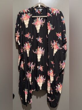 Angie Black Floral Bull Skull Open-Front Kimono